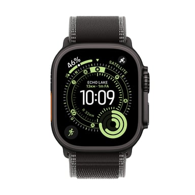 Apple Watch Ultra 4 boîtier titane noir avec boucle Trail, vue de face