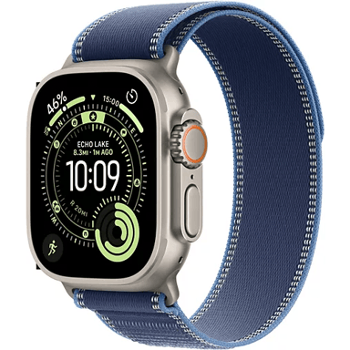 Apple Watch Ultra 3 titane naturel avec boucle Trail bleue